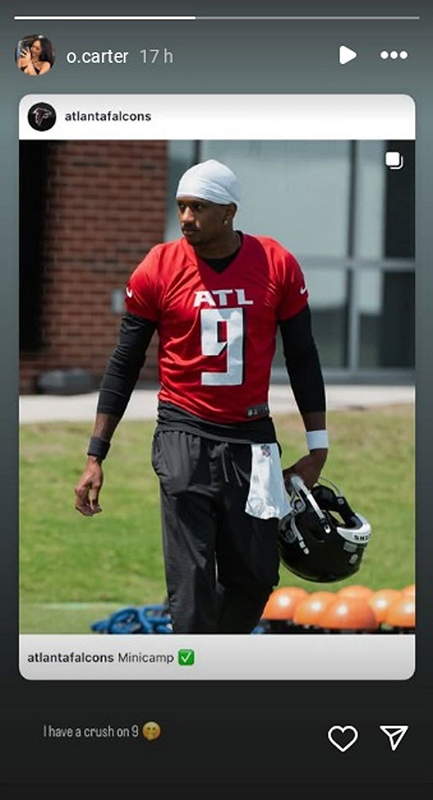 Michael Penix Jr.’s fiancée Olivia Carter reacts as Falcons QB makes statement in No. 9 jersey at minicamp/@o.carter